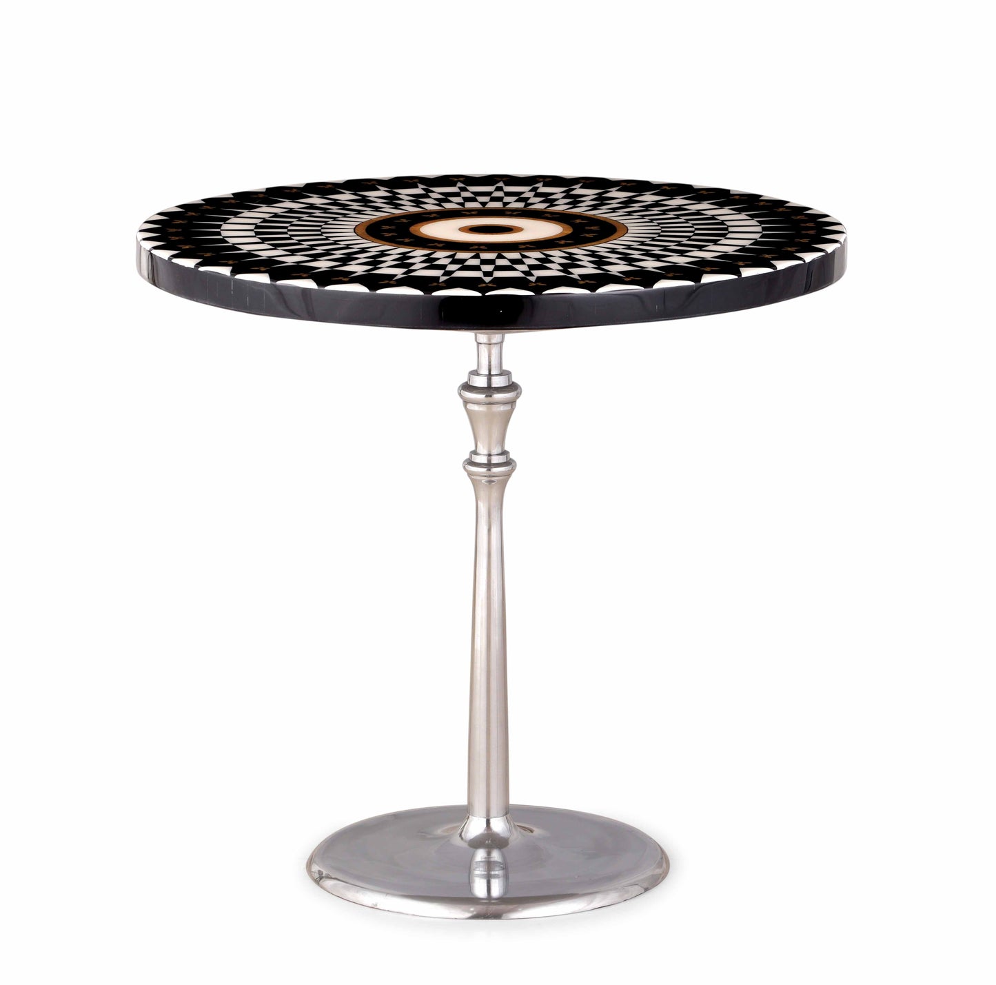 ound centre table with resin-coated patterned wood top and polished aluminium base for luxury modern interiors.