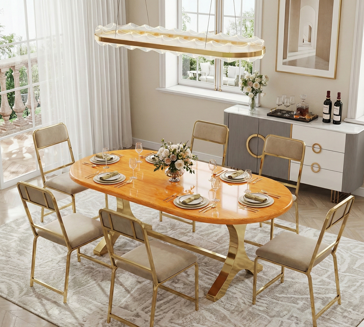 Luxury Indoor Dining Table with 6 Upholstered Chairs