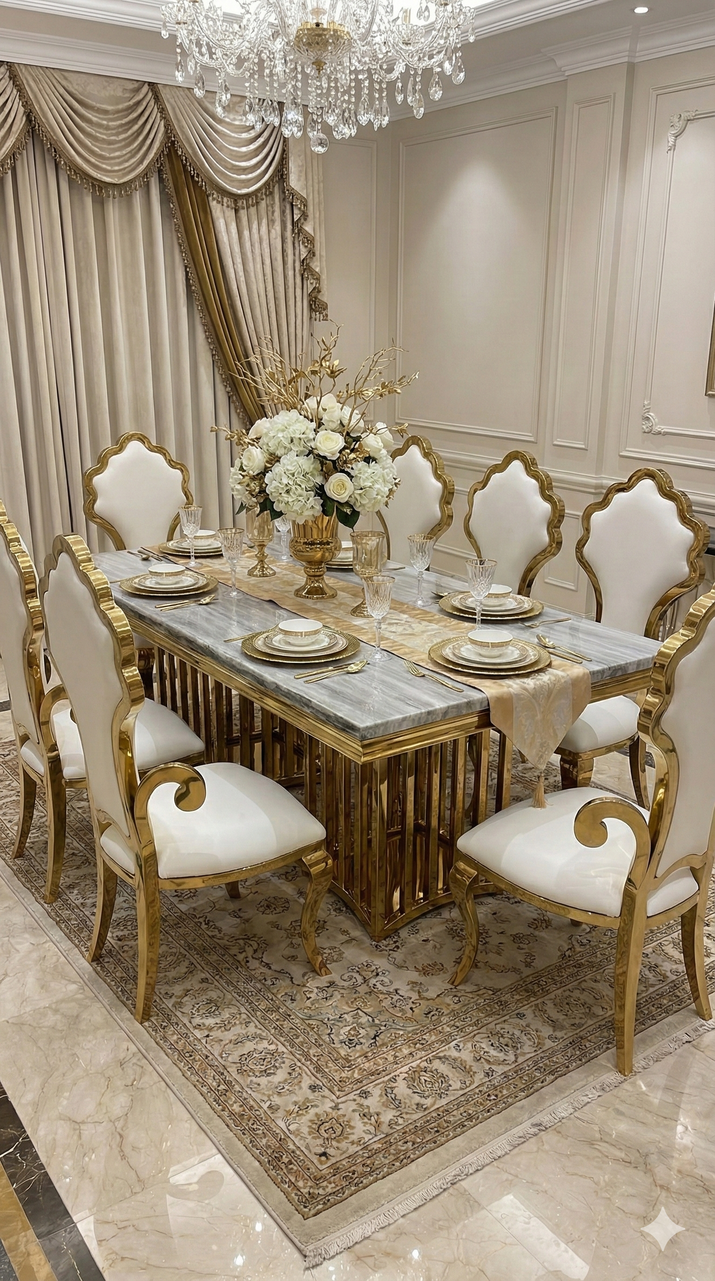 Maharaja Luxury Indoor Dining Table with 6 Upholstered Chairs