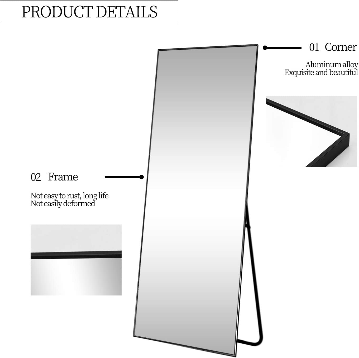 Full length rectangle mirror|65 inch long|Black color|Floor Standing Mirror by Sam Home Collection